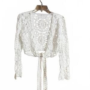 Crop white crochet front tie cardigan medium
